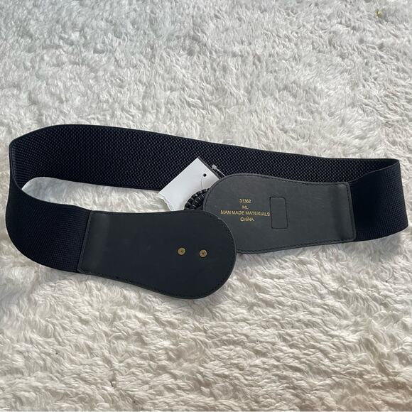 Black Chunky Gold Metal Buckle Woven Stretch Belt Statement Waist Cincher M/L - Picture 3 of 9